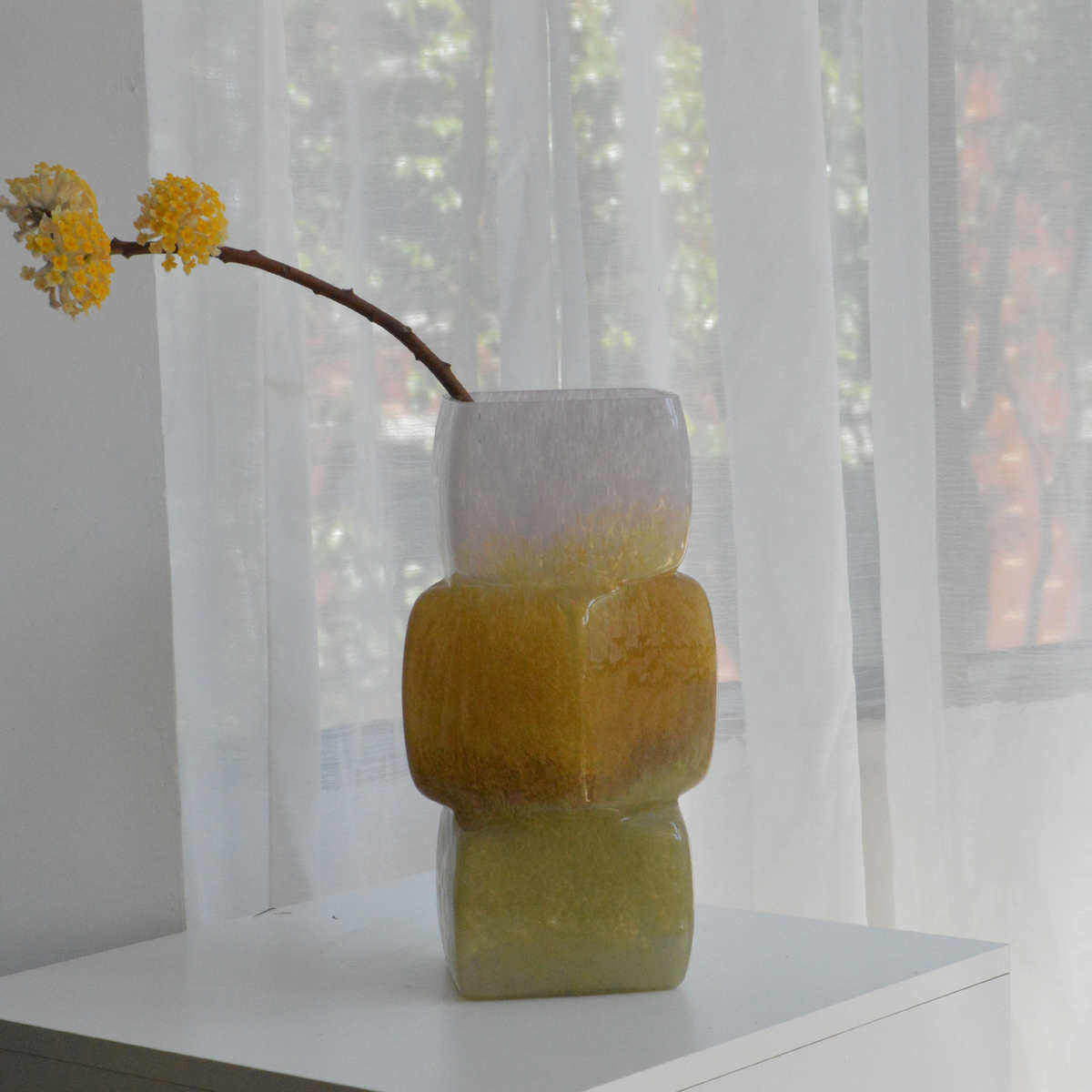 超温柔方块奶玉渐变琉璃花瓶摆件客厅复古高级感玻璃水培插花器,家居饰品,花瓶,淘宝优惠券,粉丝福利购,淘宝优惠卷