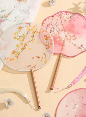 古风半透团扇儿童汉服扇子女童旗袍舞蹈扇夏天中国风古装宫廷圆扇