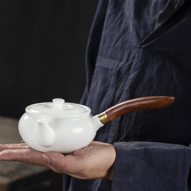 德化羊脂玉瓷木质防烫侧把壶纯白瓷家用大号单个泡茶壶陶瓷提梁壶