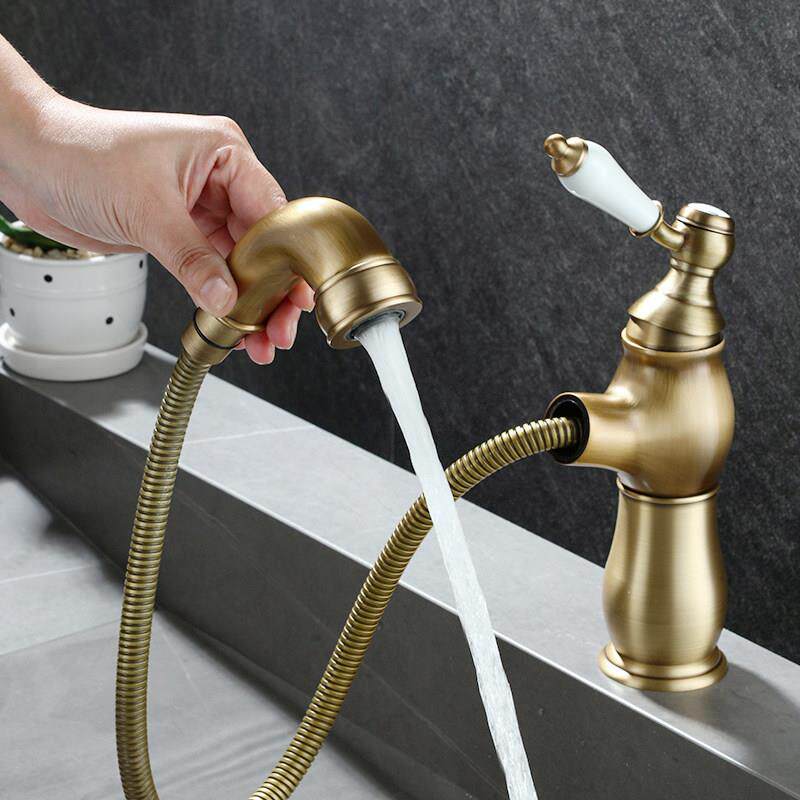 法式全铜抽拉水龙头冷热复古卫生间面盆洗手台上盆浴室柜家用仿古