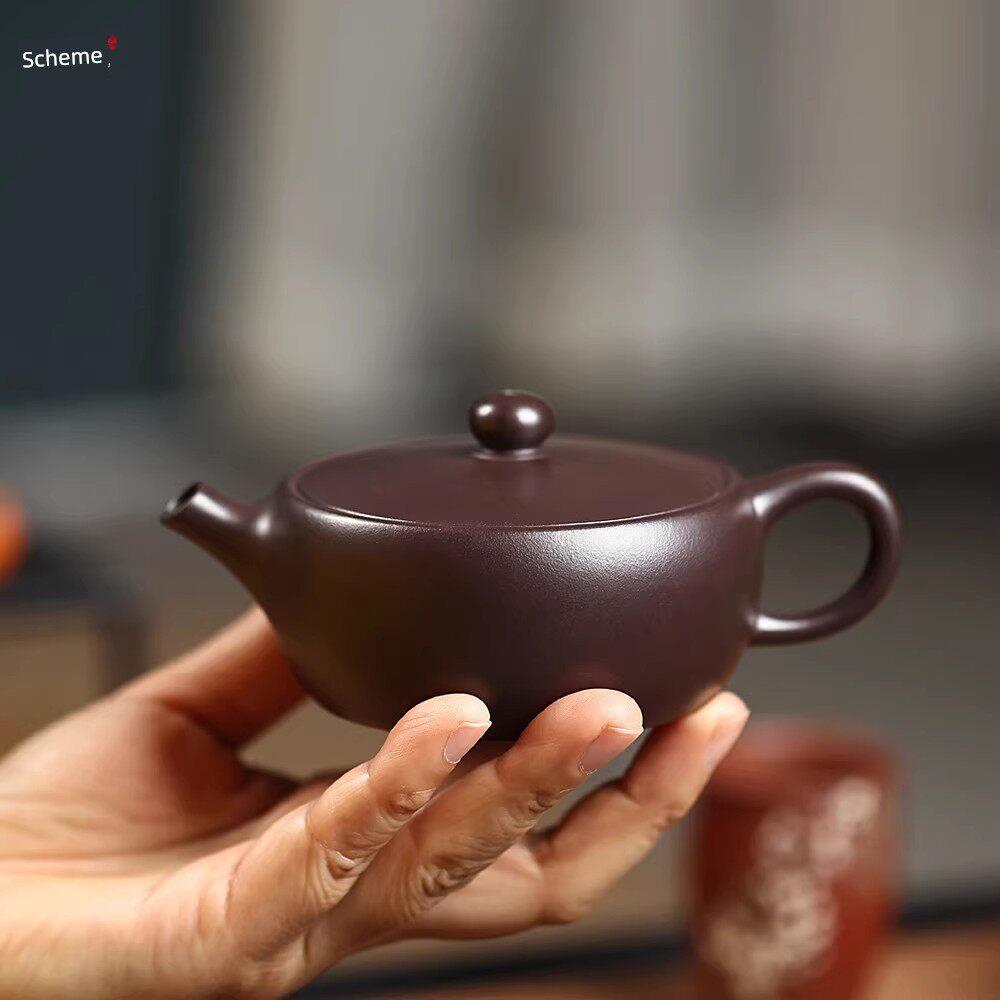 【迹遇】正宗宜兴紫砂壶名家手工紫泥扁韵汉瓦壶小容量家用泡茶壶
