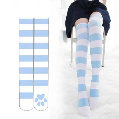Lolita Over Knee Socks Pink Strip Kawaii Cat Paw Print Stock