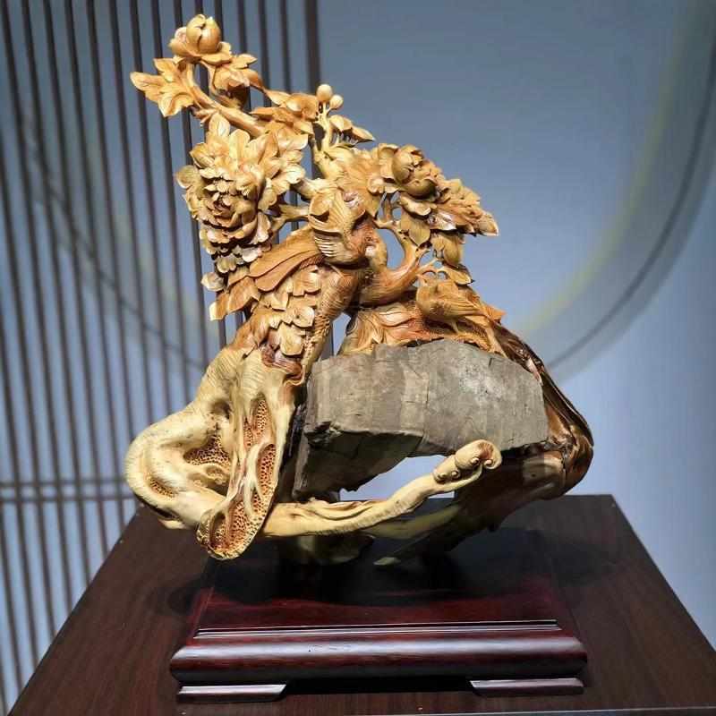 太行崖柏根雕花鸟摆件雕刻蝴蝶兰君子兰牡丹花迎客松木雕摆件红木