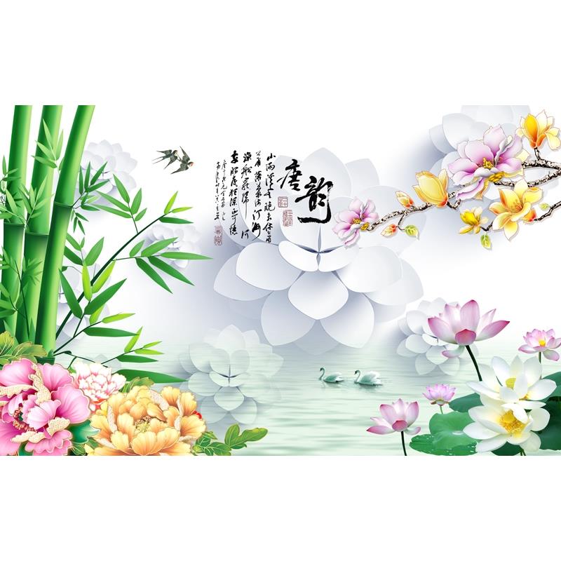 现代简约装饰画客厅沙发中式电视背景墙壁无框画芯竹子牡丹荷花图图片