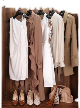 驼色样板房衣帽间女士服装组合套装衣柜衣服道具包包梳妆台搭配