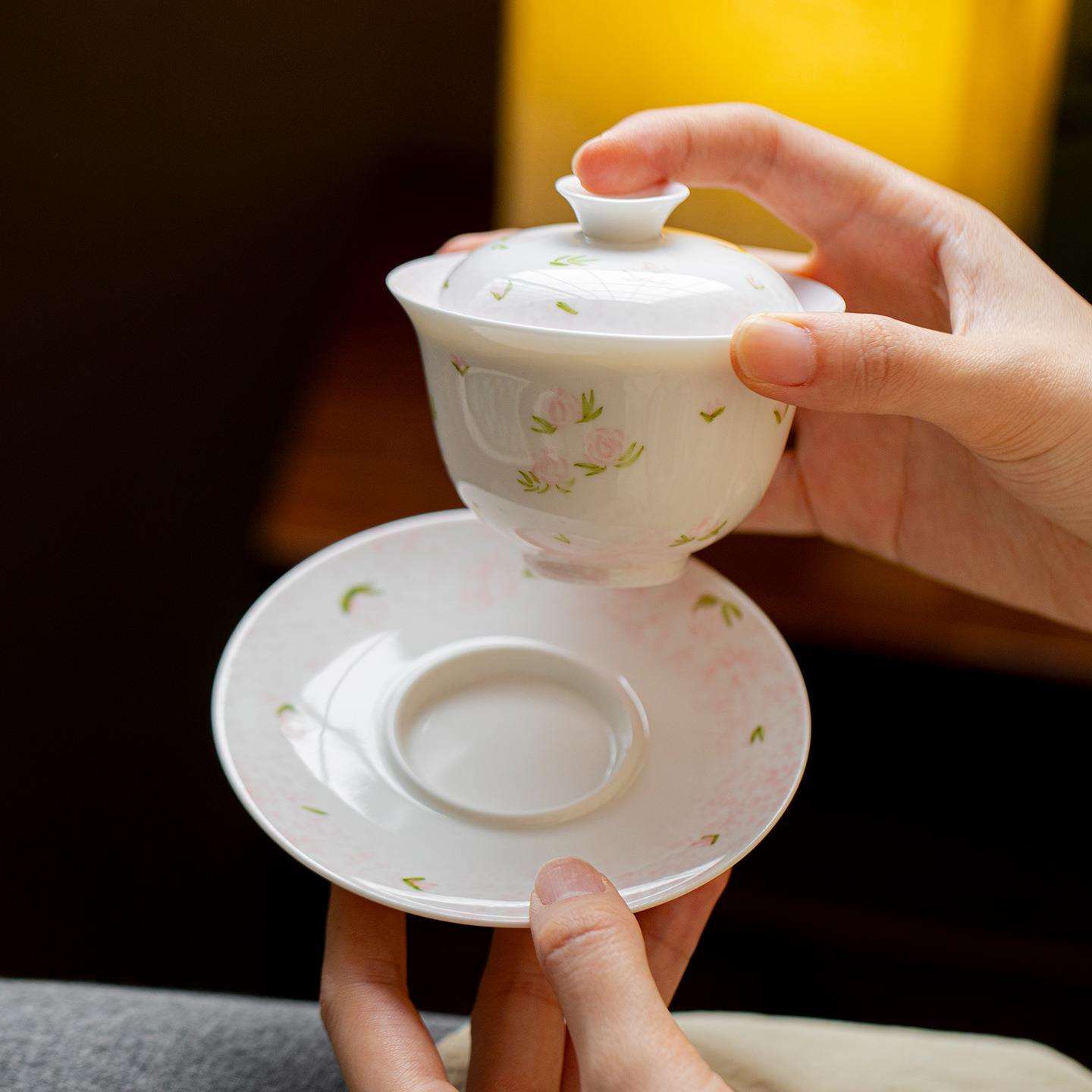 弥言纯手绘玫瑰花三才盖碗家用白瓷泡茶碗茶杯不烫手茶艺茶碗薄胎