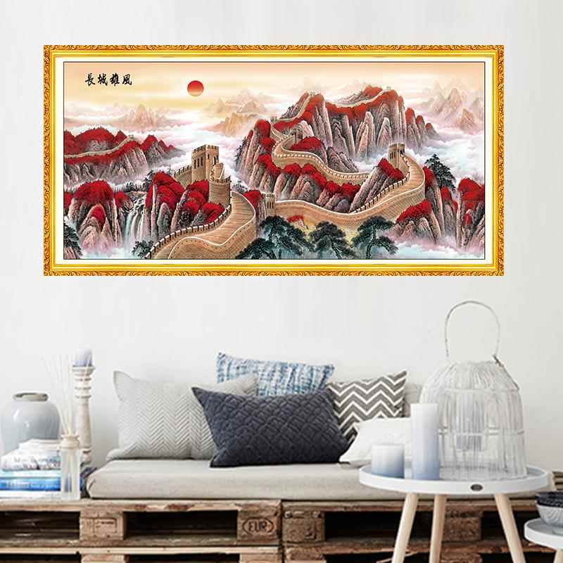 万里长城山水国画装饰画客厅沙发背景墙自粘风水壁画办公室红色画