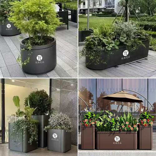室外不锈钢花箱成品定制商业街售楼部花钵花坛广场花架椭圆形树箱