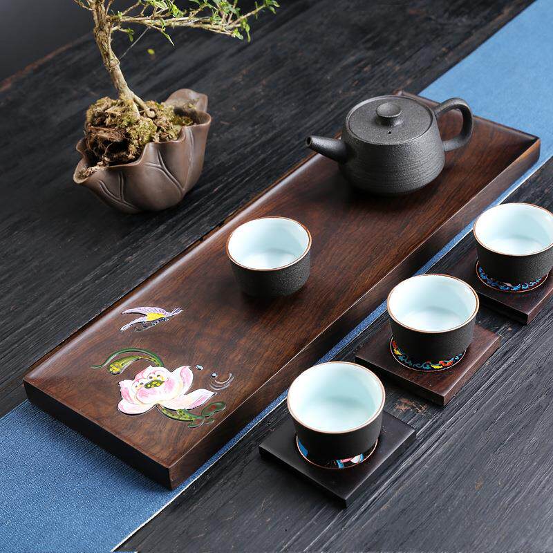 【手绘干泡台】黑檀整块实木原木茶盘彩绘家用长方日式茶托盘茶台