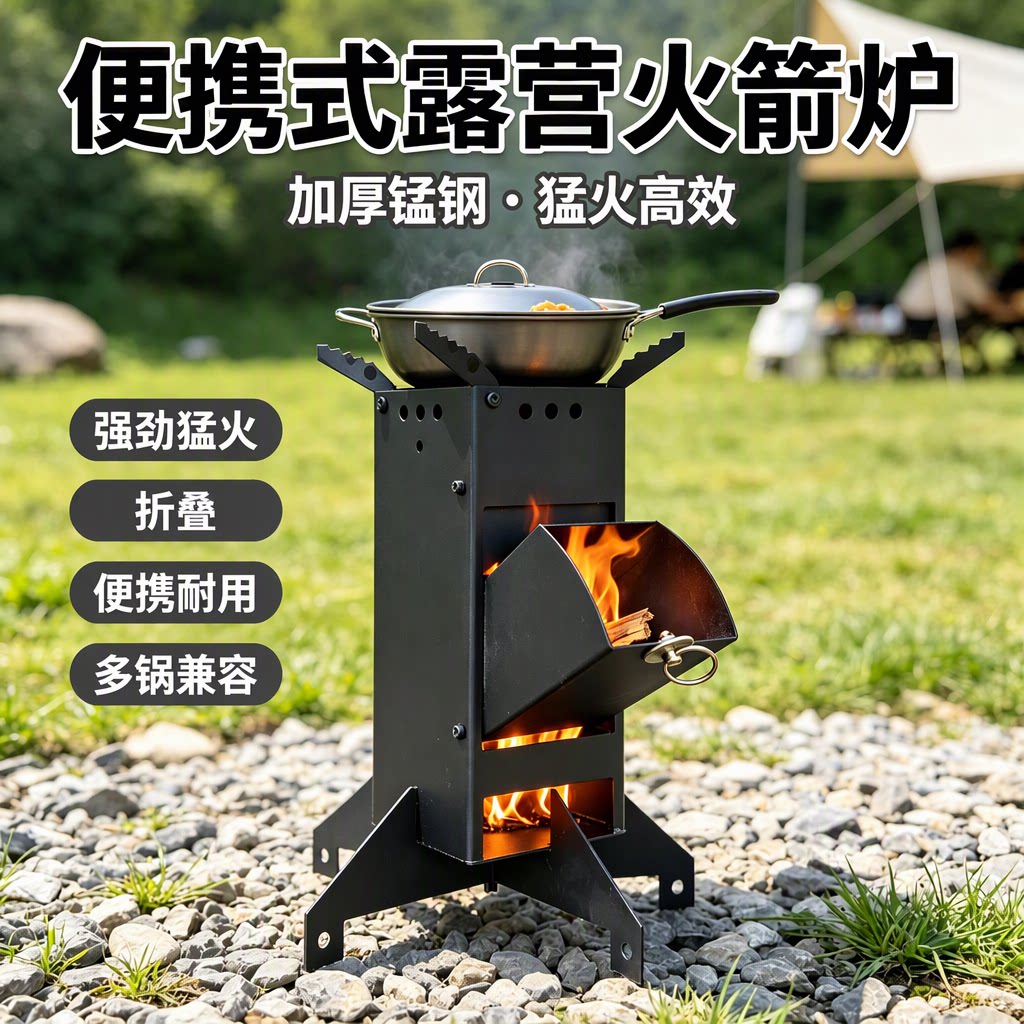 户外便携柴火炉火箭炉加厚锰钢猛火耐用折叠露营取暖烧烤做饭炉具