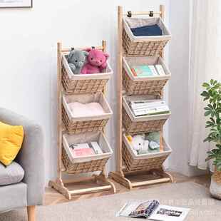 现货木质落藤编杂物吊置物架多层收纳编收织筐地篮储物架木质零食