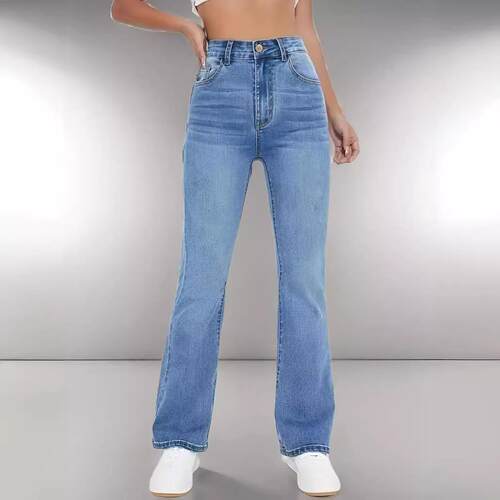 Women's high waisted straight leg light blue jeans for