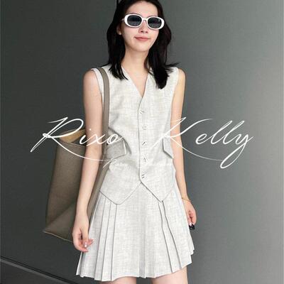RIXO STREET麻感混纺V领西装背心背心女夏季不规则A字百褶裙套装