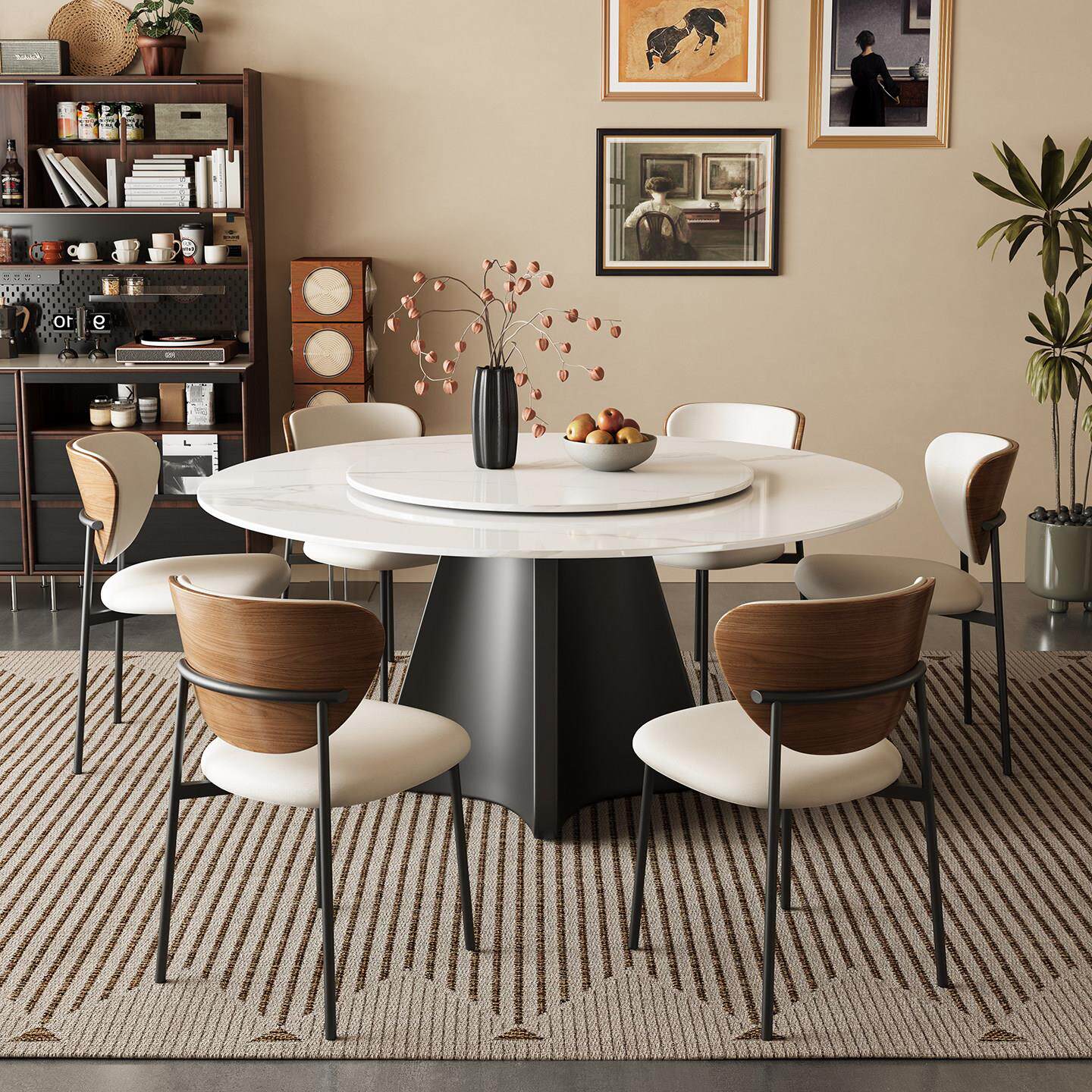 法式岩板餐桌椅组合现代简约圆桌圆形带转盘家用小户型吃饭桌覆古