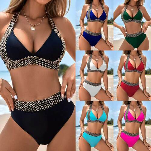 Womens Plain Metal Decor Tie Back High Waist Design Bikini
