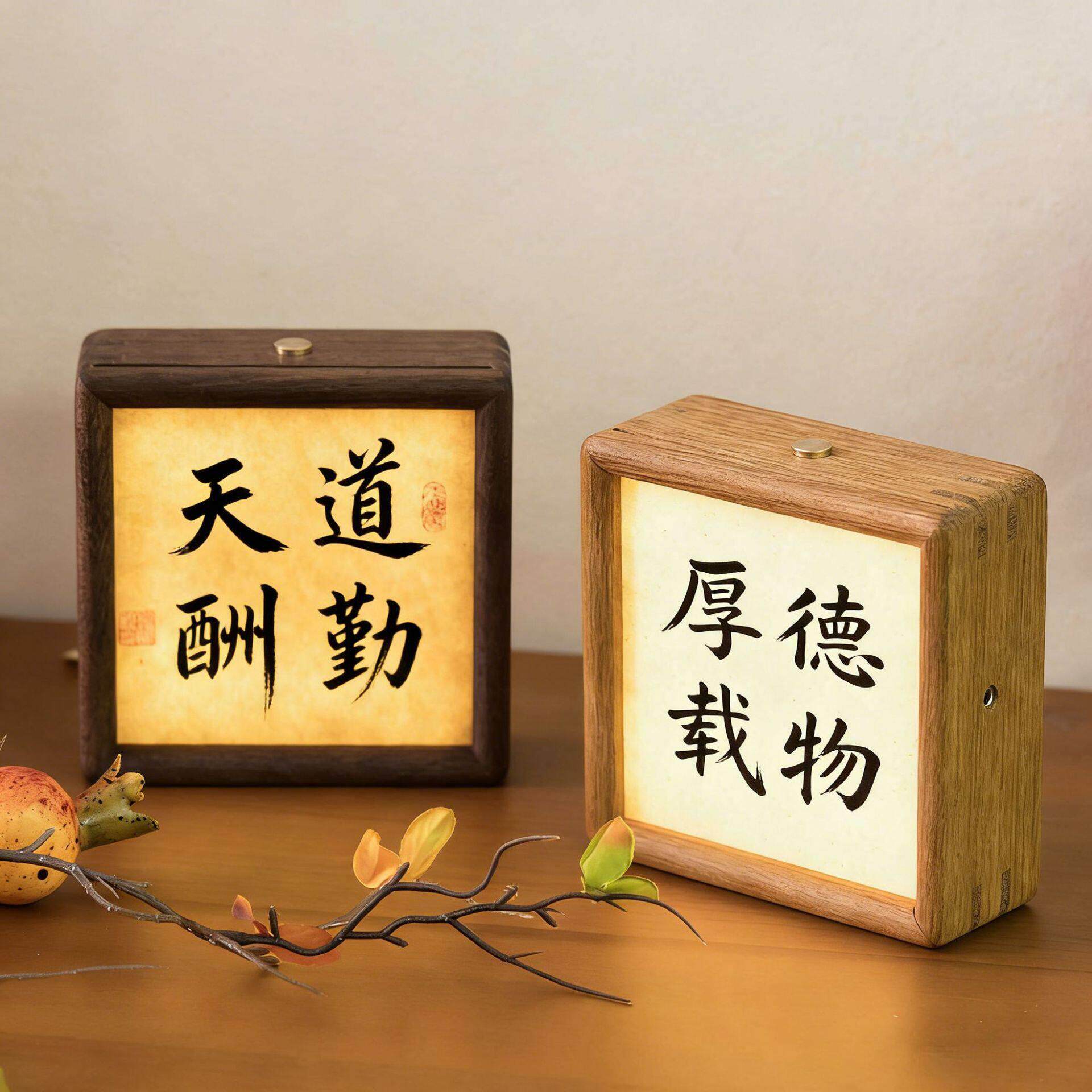 led充电diy书法小夜灯发光相框摆台黑胡桃方4实木氛围感摆件照片