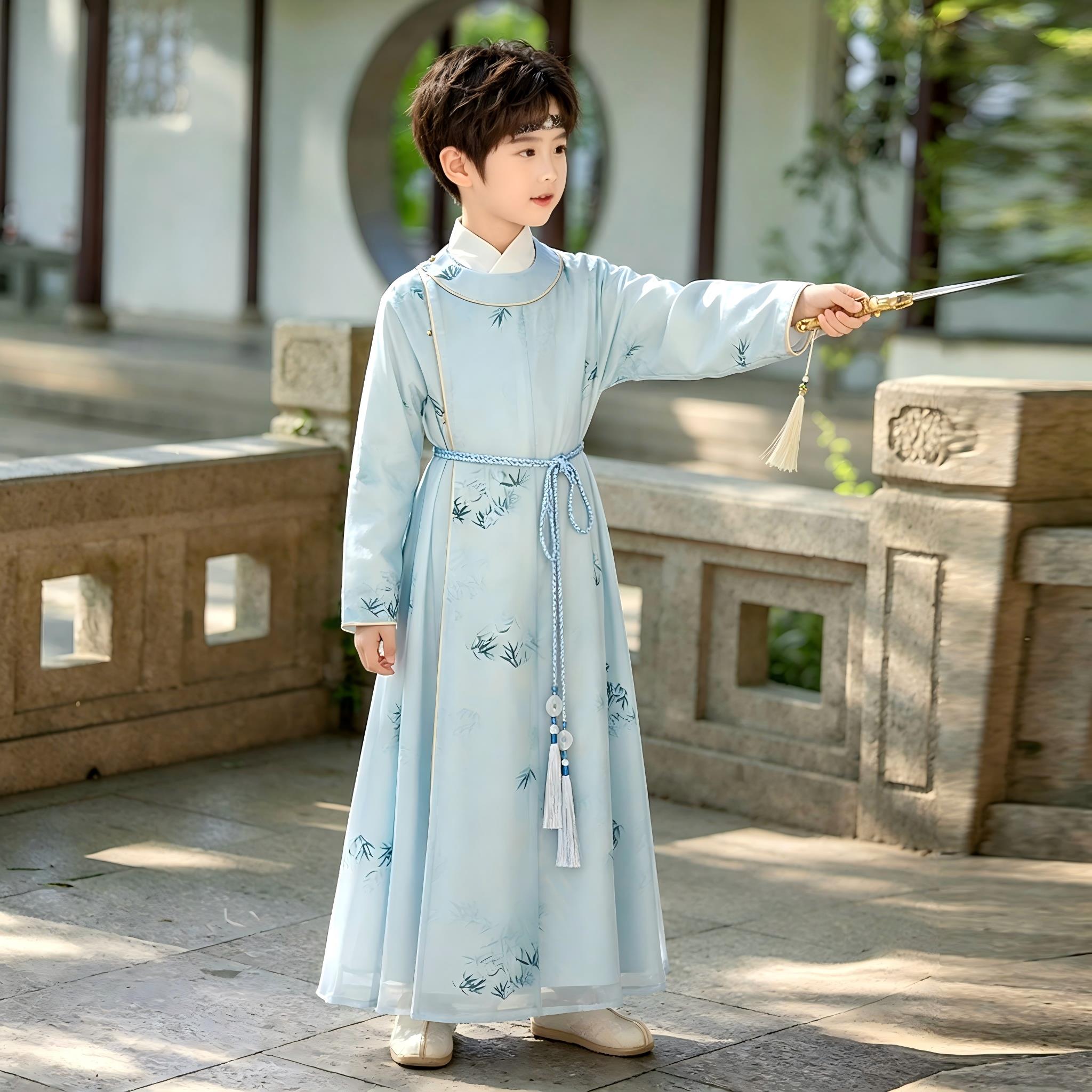 男童国风中式汉服2026夏季薄款帅气小少爷宋制圆领长袍李白演出服