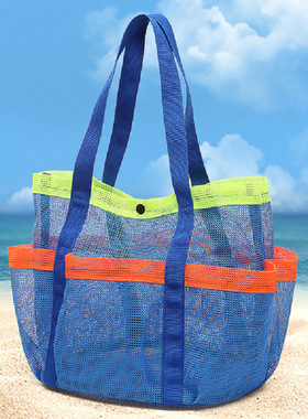 品质新款多口袋手提沙滩网袋网纱大容量游泳包网眼收纳袋洗漱用品