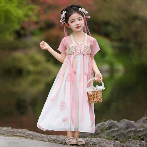 汉服女童夏季薄款短袖儿童中国风仙气公主连身裙女孩古装表演襦裙