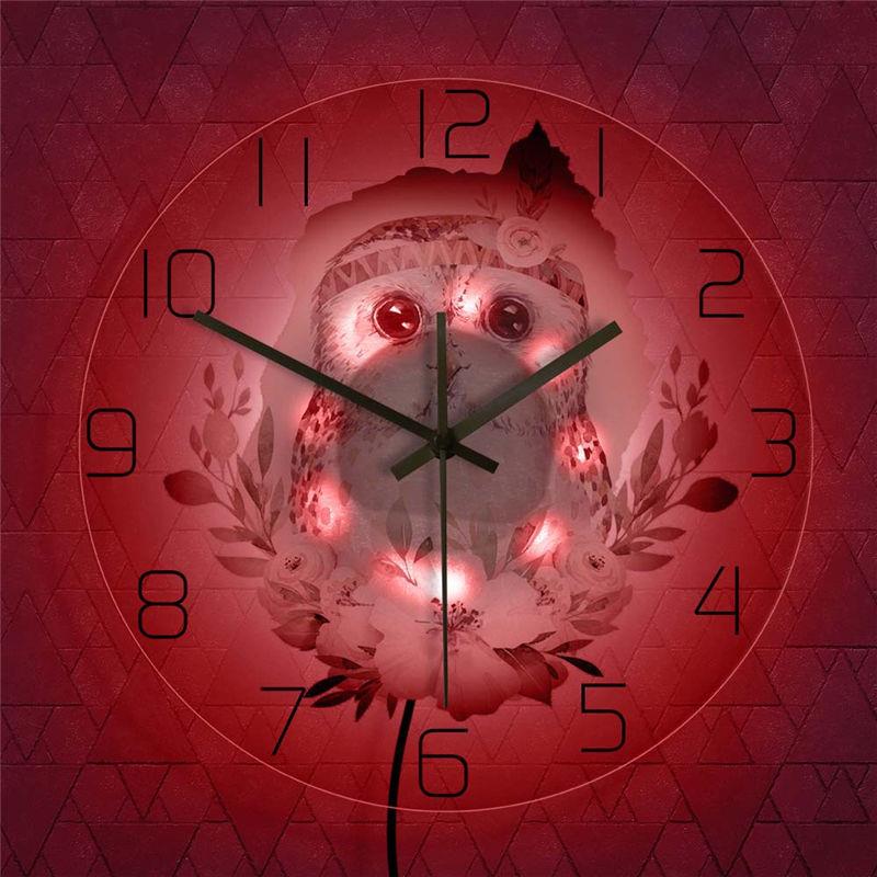 LED灯透明挂钟猫头鹰彩色时钟儿童房装饰亚克力墙钟七彩灯