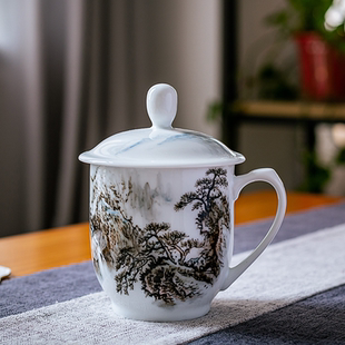 写意山水画毛瓷杯省大师郭清平手绘陶瓷茶杯带盖主人杯家用送礼