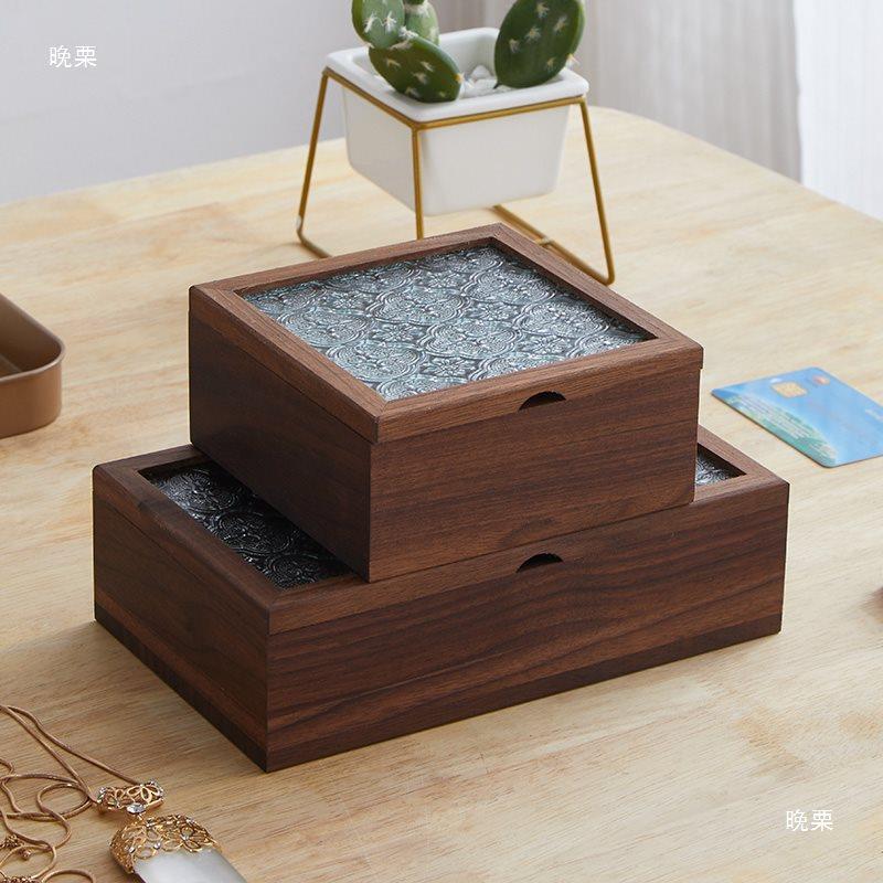 桌面收纳盒复古压花海棠玻璃盖翻盖式小木箱子燕尾榫木盒子储物盒