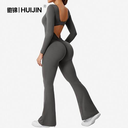 Yoga jumpsuit, flared pants, fitness hollow square collar