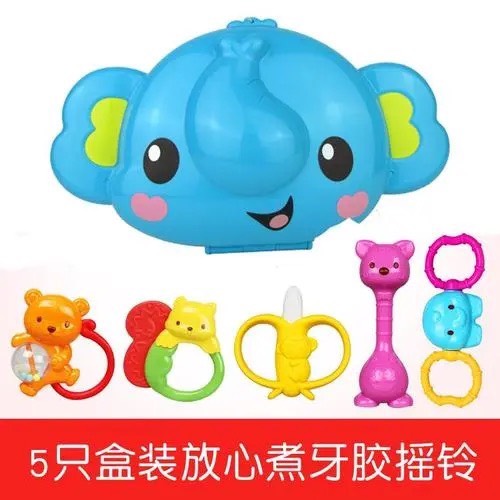 澳贝放心煮5PCS罐装摇铃牙胶，适合3-18个月宝宝玩耍！