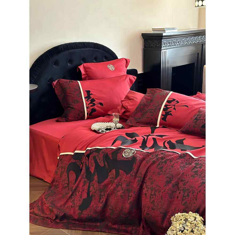 新中式国潮风婚庆四件套10喜0长S14915绒棉字被色套红纯棉结婚床
