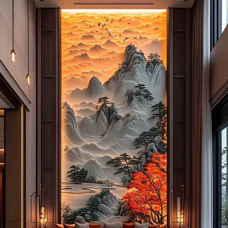 别墅浮雕立体背景墙覆式楼挑空电视碳晶板亮光客厅玄关新中式墙板