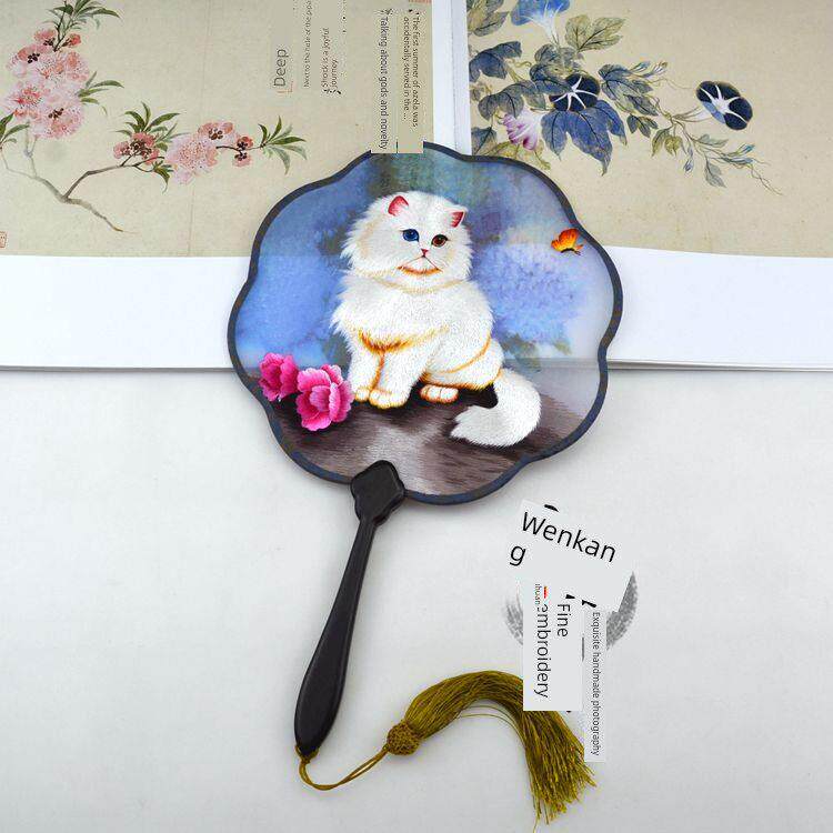 苏绣纯手工刺绣宫扇绣花扇子双面绣成品高端礼品中国风团扇猫咪