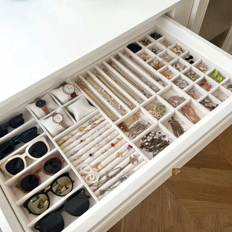 定制抽屉首饰收纳盒衣柜衣帽间绒布丝绒皮革首饰品内置收纳分隔板