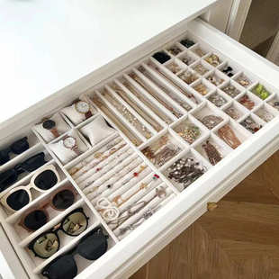 定制抽屉首饰收纳盒衣柜衣帽间绒布丝绒皮革首饰品内置收纳分隔板