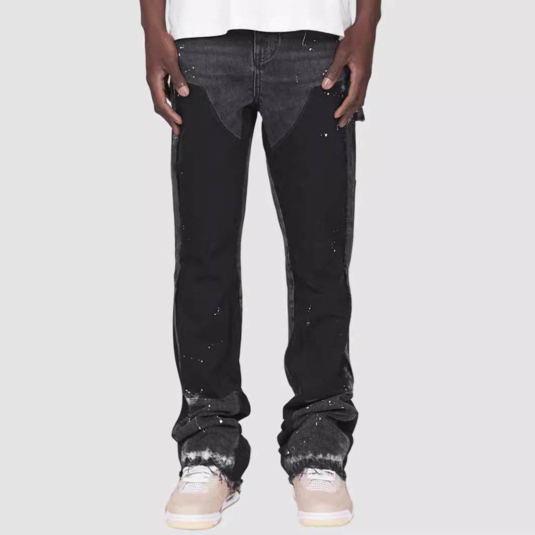 Men denim work pants with elastic patch layered flared pants