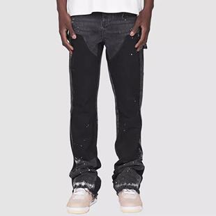 pants with elastic Men layered work patch flared denim