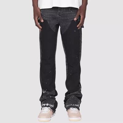 Men denim work pants with elastic patch layered flared pants