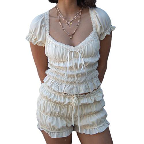 Women's pleated elastic ruffle lace top cover