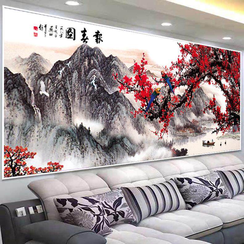 梅花报春图十字绣喜上眉梢线绣客厅大幅山水画手工绣满绣简约现代