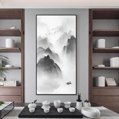 竖装饰画版办公室水墨画新中式山水画茶室走廊过道风景画玄关挂画