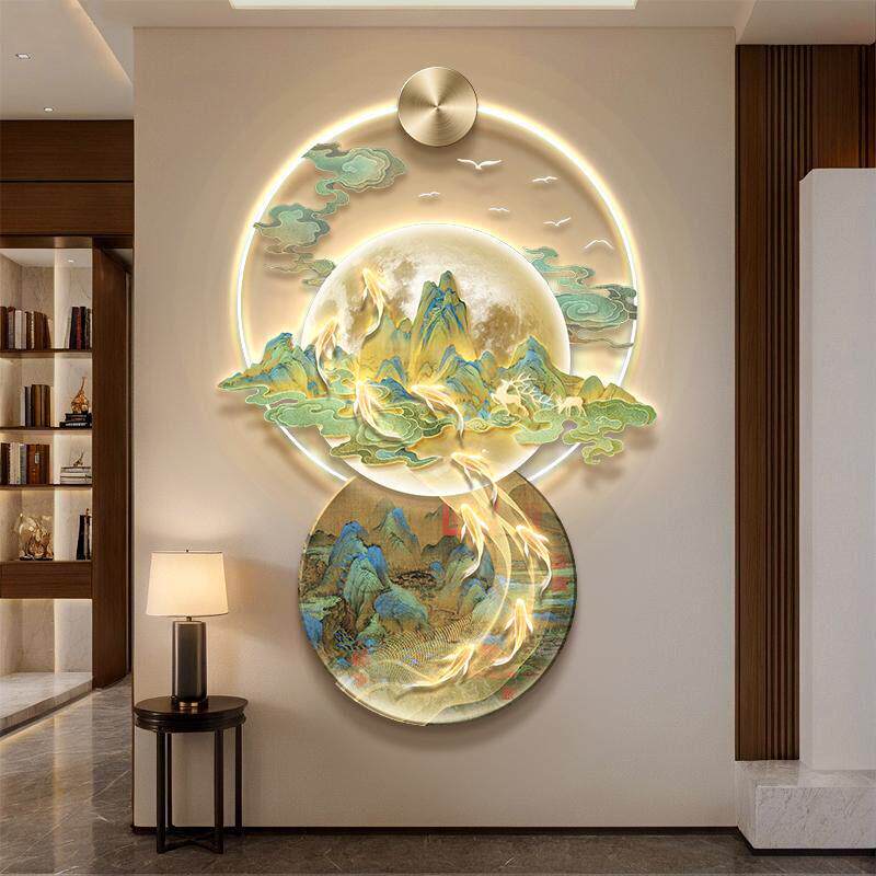 千里江山图新中式玄关装饰画大气走廊过道挂画入户正对门山水画