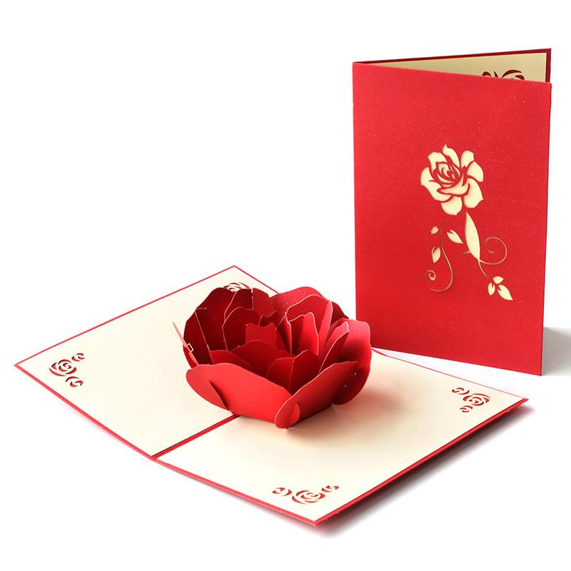 七夕情人节立体贺卡外贸创意祝福3D立体手工纸雕大玫瑰卡片
