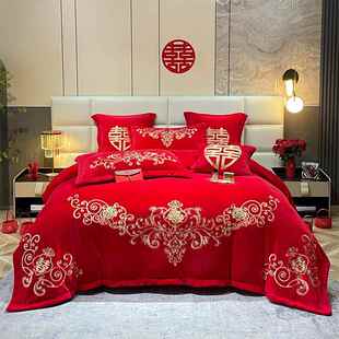 正品牛绒婚庆绒四件套大季红结婚新婚房嫁喜被罩宝宝珊瑚冬保暖床
