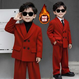 花童男童红色西装套装冬痞帅风男孩主持人礼服休闲加绒儿童演出服