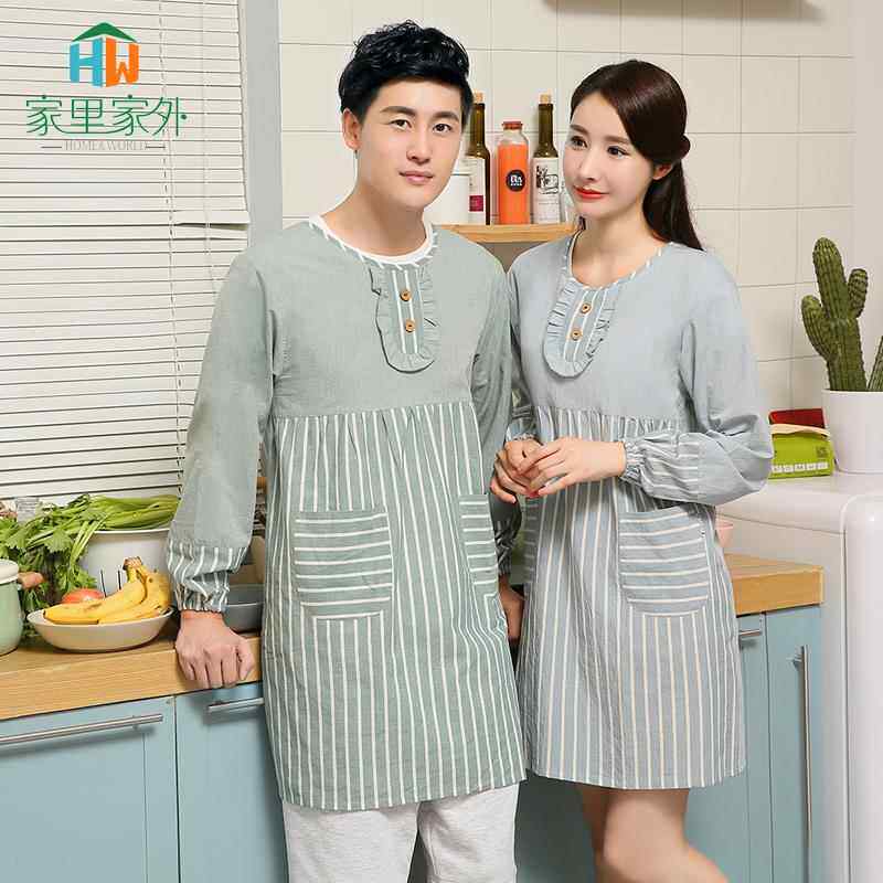 正品围裙韩版时尚工作服厨房用长棉袖防水大防油纯薄款罩家衣女人