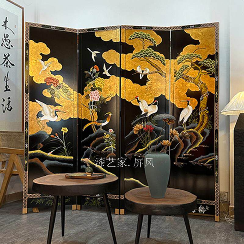 定制纯手绘漆画黑底花鸟屏风隔断玄关中古新中式客厅茶室装饰折屏