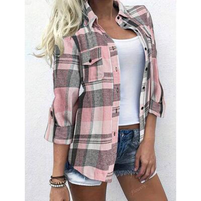 T 14429 Plaid printed loose blouses 格纹印花宽松衬衫跨境
