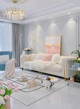 轻奢皮艺沙发客厅代式科技绒布网红现扣直排拉美式法R012-36奶油