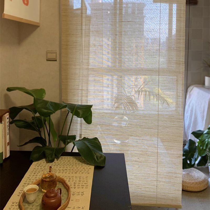 帘子免打孔卷拉升降窗帘客厅玄关屏风隔断帘苎麻布艺纯色挂帘