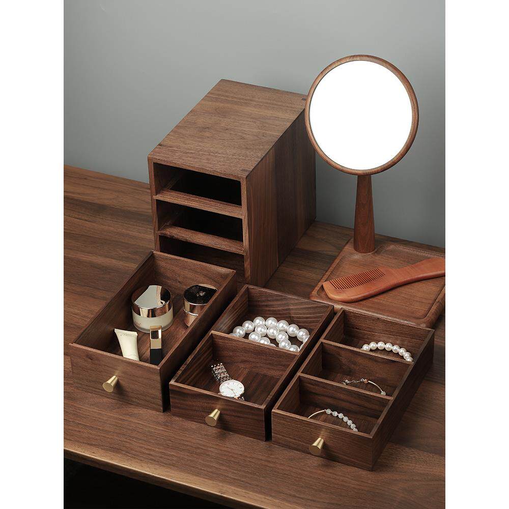 xyt实木抽屉桌面收纳盒黑胡桃小木柜玄关桌上收纳分格家用杂物小