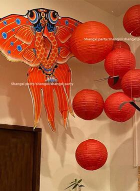 新年跨年锦鲤风筝中式红色灯笼挂件幼儿园环创布置装饰背景墙挂饰